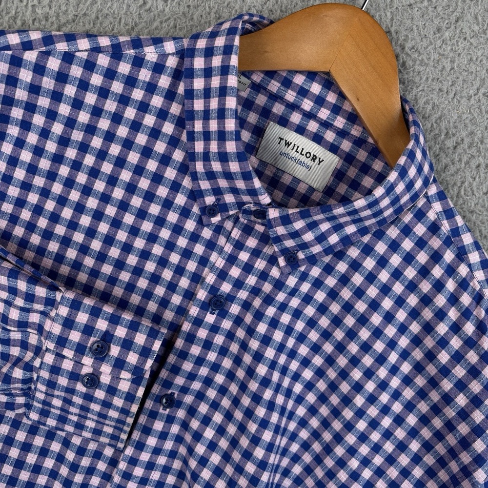 Twillory Untuckable Button Down Shirt Mens XL Blue Pink Check‎ Linen Blend